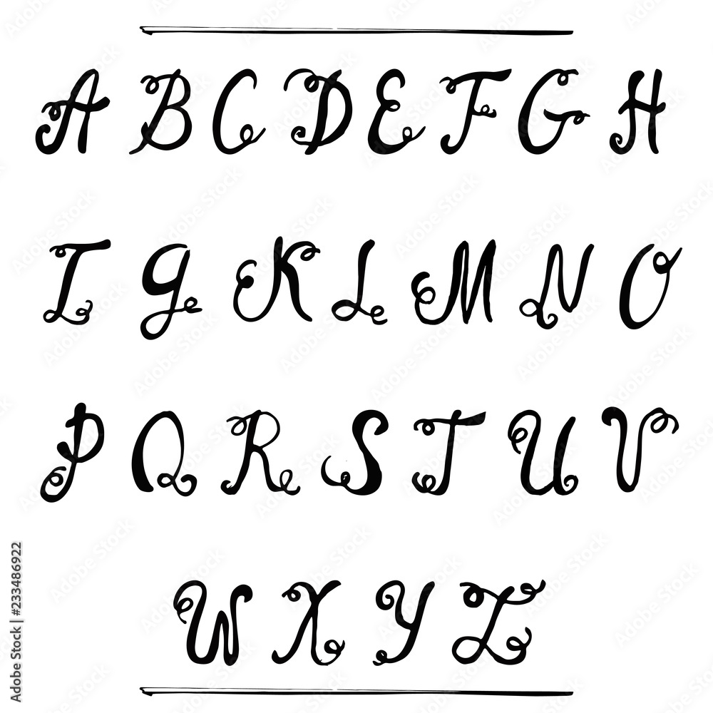 Black ink hand drawn alphabet, capital letters. Curly vintage font.