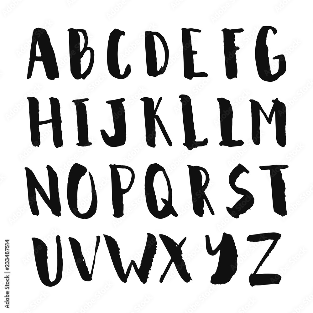 Black ink hand drawn alphabet, capital letters.