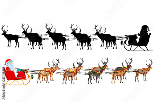 Santa Claus on a sleigh with reindeer, with a handful of gifts. Silhouette of santa claus.