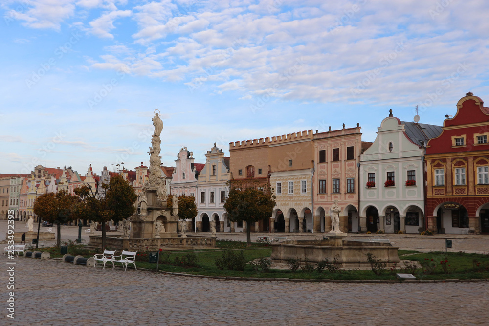 Main square full of colorful houses in beautiful medieval city of Telc, Czech republic