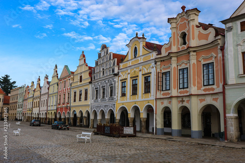 A number of colorful houses under blue sky, Telc, Czech republic