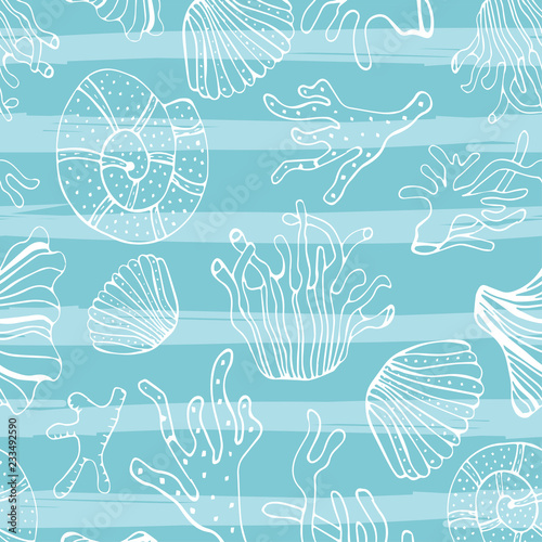 Sea shells, seastars and corals seamless background. Blue  white  pattern for coloring book, textile, print, wallpaper.  life .