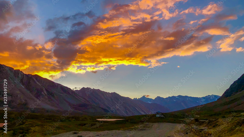 Twilight landscape with range of mountains in Zanskar, India.