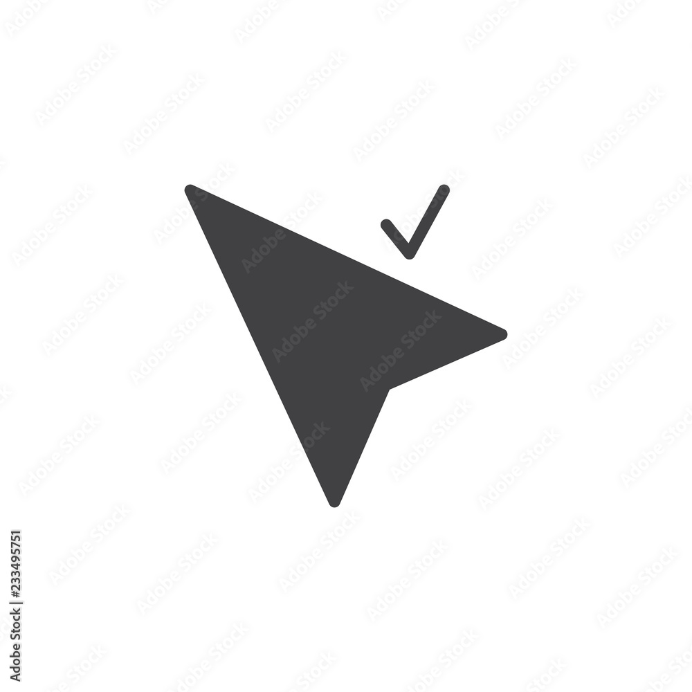 Cursor check mark vector icon. filled flat sign for mobile concept and web  design. Computer mouse cursor simple solid icon. Mouse pointer click symbol,  logo illustration. Pixel perfect vector Stock Vector