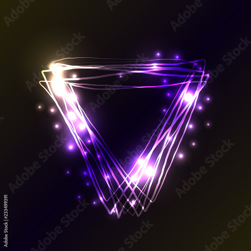 Violet and blue neon colors triangle background. Triangle Frame with Lights and flashes effects. Vector illustration, abstract background