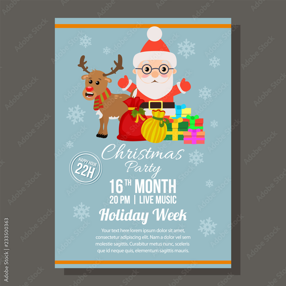 Fototapeta premium cute christmas blue party brochure with santa claus gift sacks