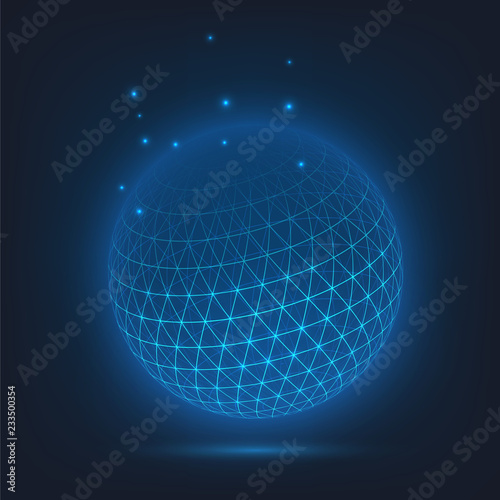 Structural glowing sphere on a dark background, technology, stylized planet or atom