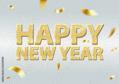 Golden Happy New Year Inscription and Falling Golden Confetti on Light Backgr...