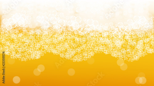 Beer foam. Craft lager splash. Oktoberfest background. Bavarian pint of ale with realistic white bubbles. Cool liquid drink for pub banner layout. Orange glass with beer foam.
