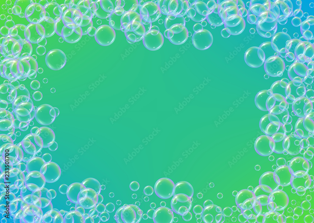 Detergent foam. Soap bath bubble and suds for bathtub. Shampoo. Bright fizz and splash. Realistic water frame and border. 3d vector illustration template. Green colorful liquid detergent foam Detergent foam. Soap bath bubble and suds for bathtub. Shampoo. Bright fizz and splash. Realistic water frame and border. 3d vector illustration template. Green colorful liquid detergent foam