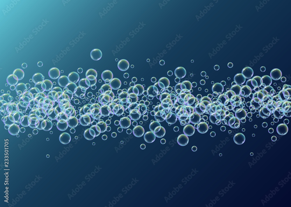 Shampoo bubble. Detergent bath foam, suds and soap for bathtub. Bright fizz and splash. Realistic water frame and border. 3d vector illustration layout. Blue colorful liquid shampoo bubble.