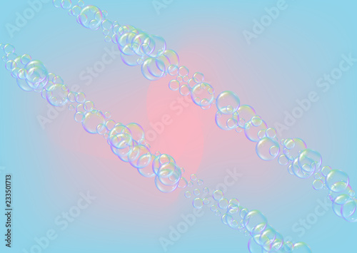 Fizz background with shampoo foam and soap bubbles. 3d vector illustration design. Stylish spray and splash. Realistic water frame and border. Rainbow colorful liquid fizz.