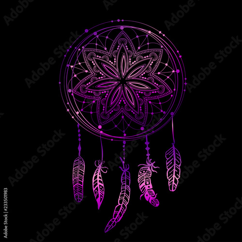 Abstract glowing dreamcatcher in blue and pink colors. Luminescence vector illustration. Boho style background, ethnic design element for flyers, tshirts, clothing, print  web