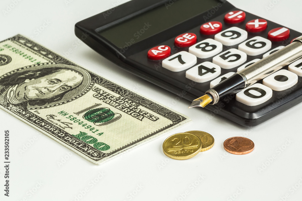 Fototapeta premium Calculator; Coins, pen