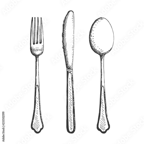 cutlery fork spoon and knife sketch. isolated drawing vector illustration