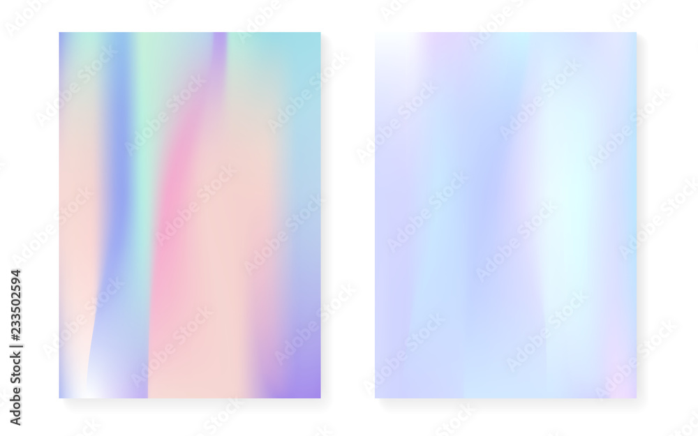 Pearlescent background with holographic gradient. Hologram cover set. 90s, 80s retro style. graphic template for placard, presentation, banner, brochure. Rainbow pearlescent background set.