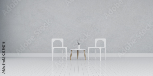 View of empty room space with furniture on laminate floor.Perspective of minimal design architecture.Sunlight cast shadow on the wall. 3d rendering.