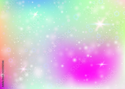 Holographic background with rainbow mesh. Cute universe banner in princess colors. Fantasy gradient backdrop with hologram. Holographic magic background with fairy sparkles  stars and blurs.