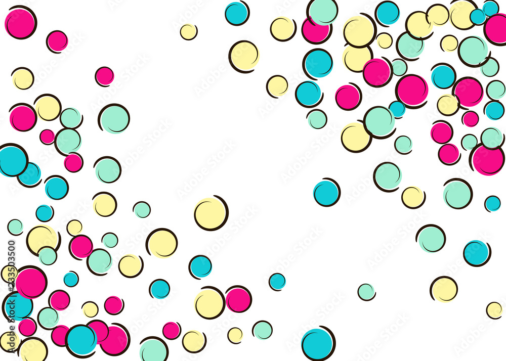 Polka dot frame with comic pop art confetti. Big colored spots, spirals and circles on white. Vector illustration. Creative childish splash for birthday party. Rainbow polka dot frame.