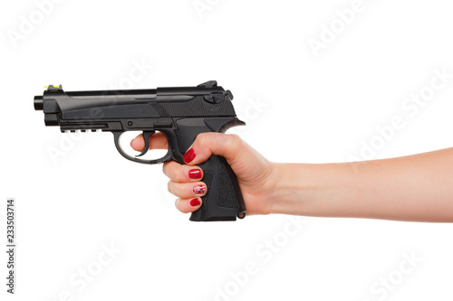 Photo of woman hand holding revolver handgun isolated on white background