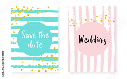 Wedding card invitation with dots and sequins. Bridal shower set with gold glitter confetti. Vertical stripes background. Vintage wedding card for party, event, save the date flyer.