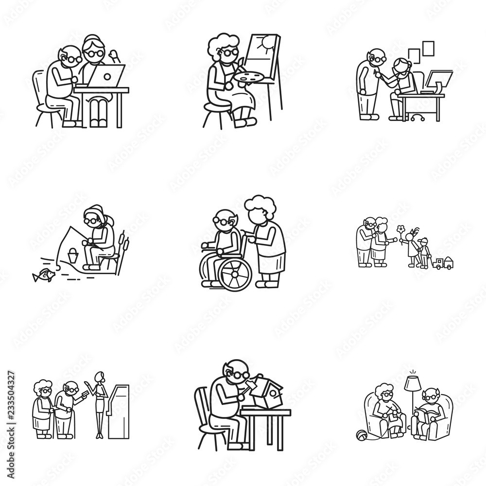 Older person activity icon set. Outline set of 9 older person activity vector icons for web design isolated on white background Older person activity icon set. Outline set of 9 older person activity vector icons for web design isolated on white background