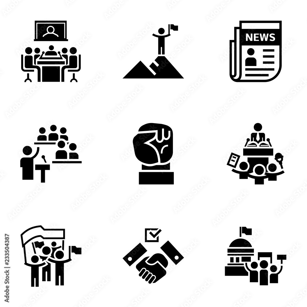 Political debate icon set. Simple set of 9 political debate vector icons for web design isolated on white background Political debate icon set. Simple set of 9 political debate vector icons for web design isolated on white background