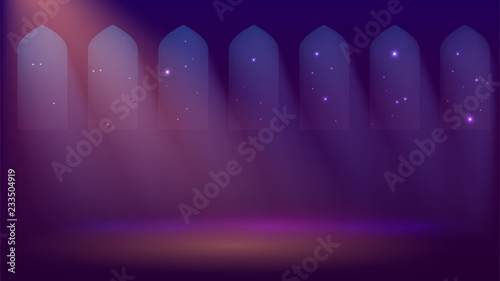 Interior of a mosque, dark room with windows, night, church or castle