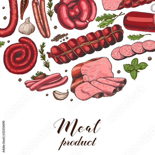 Vector background with different color meat products in sketch style. Sausages, ham, bacon, lard, salami
