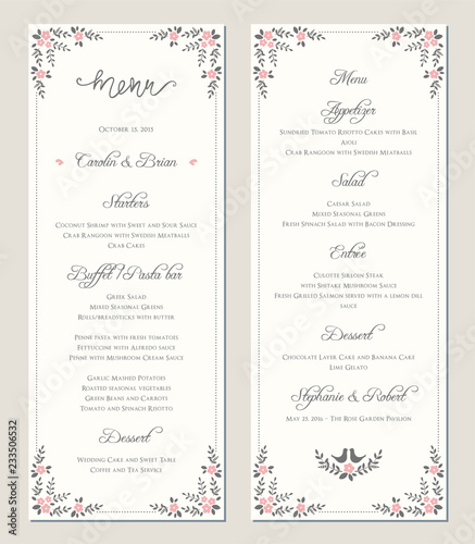 Wedding menu template. Vector illustration.