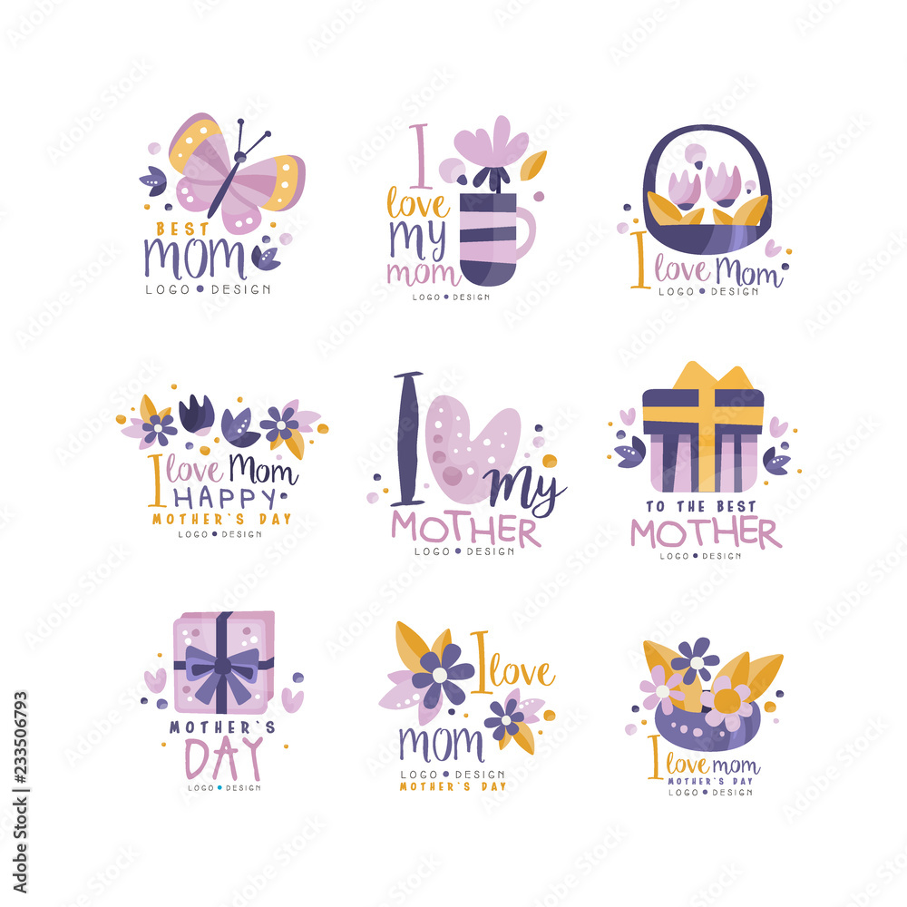 Best Mom logo design set, Happy Mothers Day creative labels for banner, poster, greeting card, shirt, hand drawn vector Illustration
