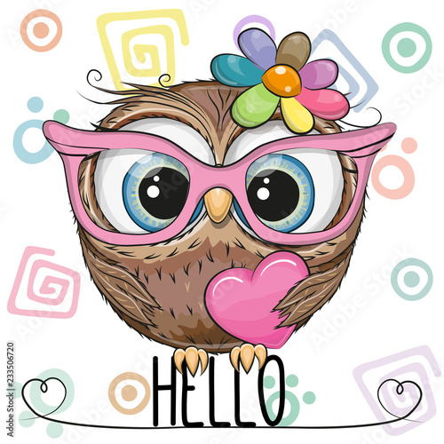 Cute Owl in a pink glasses with heart