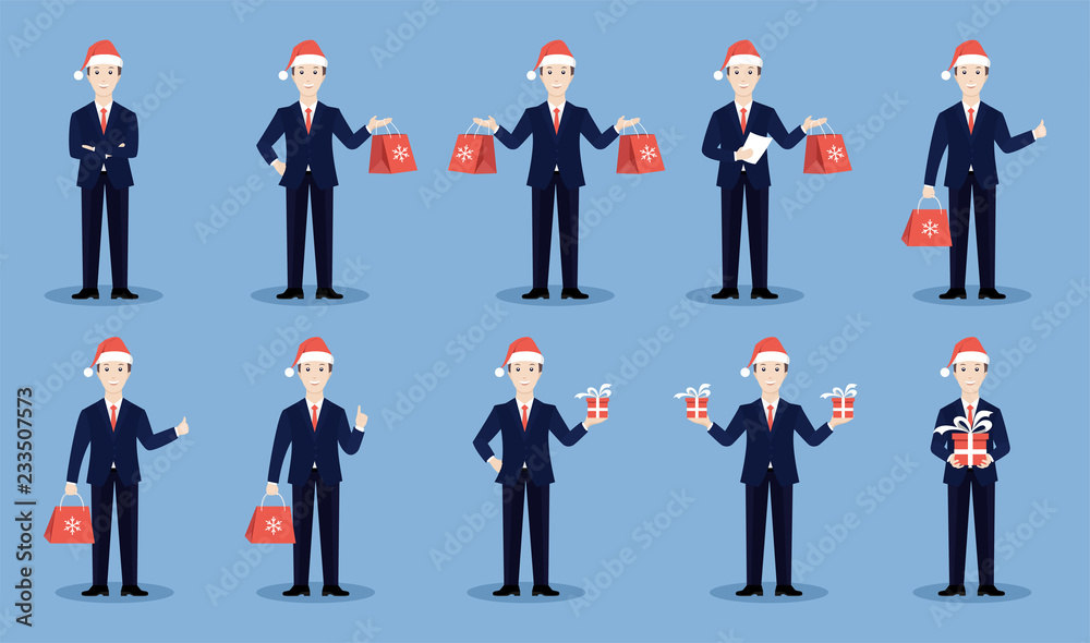 Set of characters of a businessman in a New Year's cap with gifts. Flat illustration.