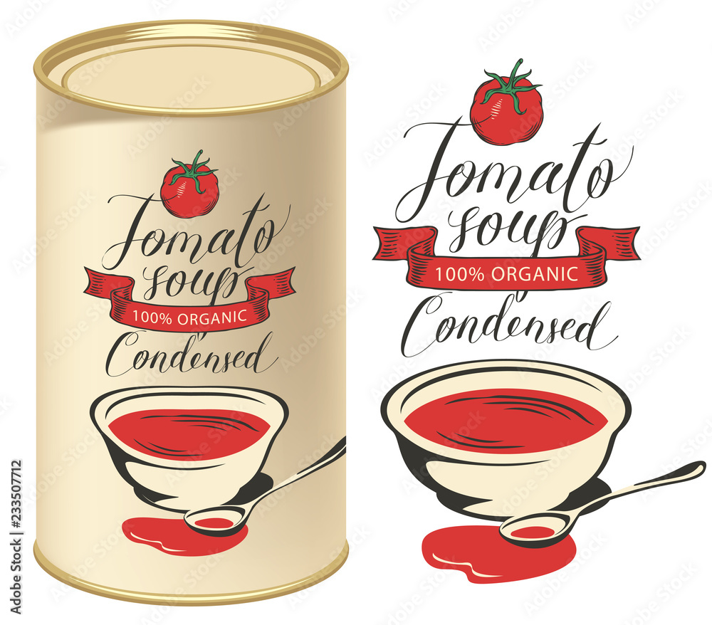 Vector illustration of label for condensed tomato soup with handwritten