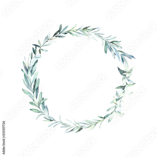 Watercolor wedding wreath with olive and eucalyptus branch. Botanical hand drawn illustration. Rustic design.