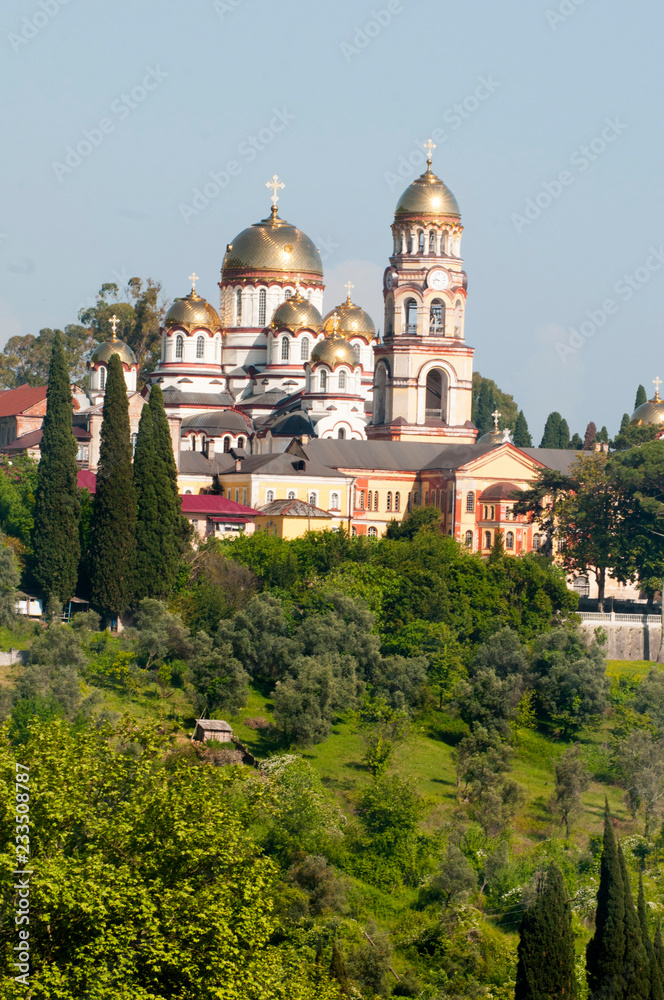 New Athos Monastery in mountains. View from the Iberian mountains to the city of New Athos and the Black Sea.
