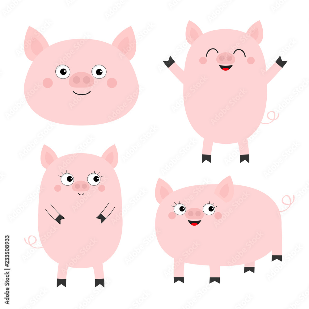 Pig piglet set. Cute cartoon funny baby character. Hog swine sow animal. Chinise symbol of 2019 new year. Zodiac sign. Flat design. White background. Isolated.