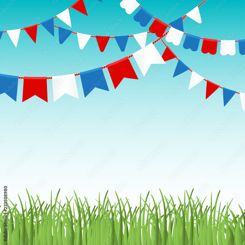 Obraz premium Vector illustration of Blue sky and green grass landskape with colorful flags garlands.