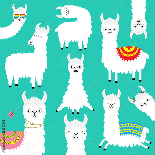 Alpaca llama big set. Childish baby collection. Cute cartoon funny kawaii character. Fluffy hair fur. Emotions. T-shirt, greeting card, poster template print. Flat design. Violet background.