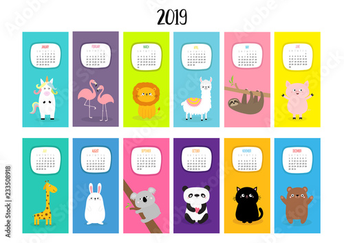 Animal vertical monthly calendar 2019. Alpaca, llama, unicorn, flamingo, sloth, lion, panda, cat, giraffe, bear, rabbit, hare, pig, koala. Cute funny cartoon character set. Flat White background.