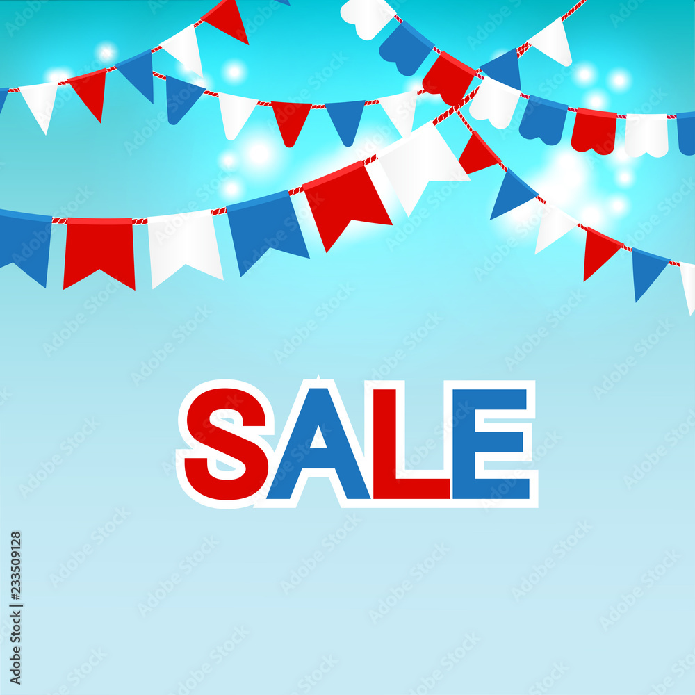 Obraz premium Vector illustration of Blue sky with colorful flags garlands and text sale.