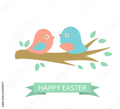 Cute easter card with two birds on the cherry tree
