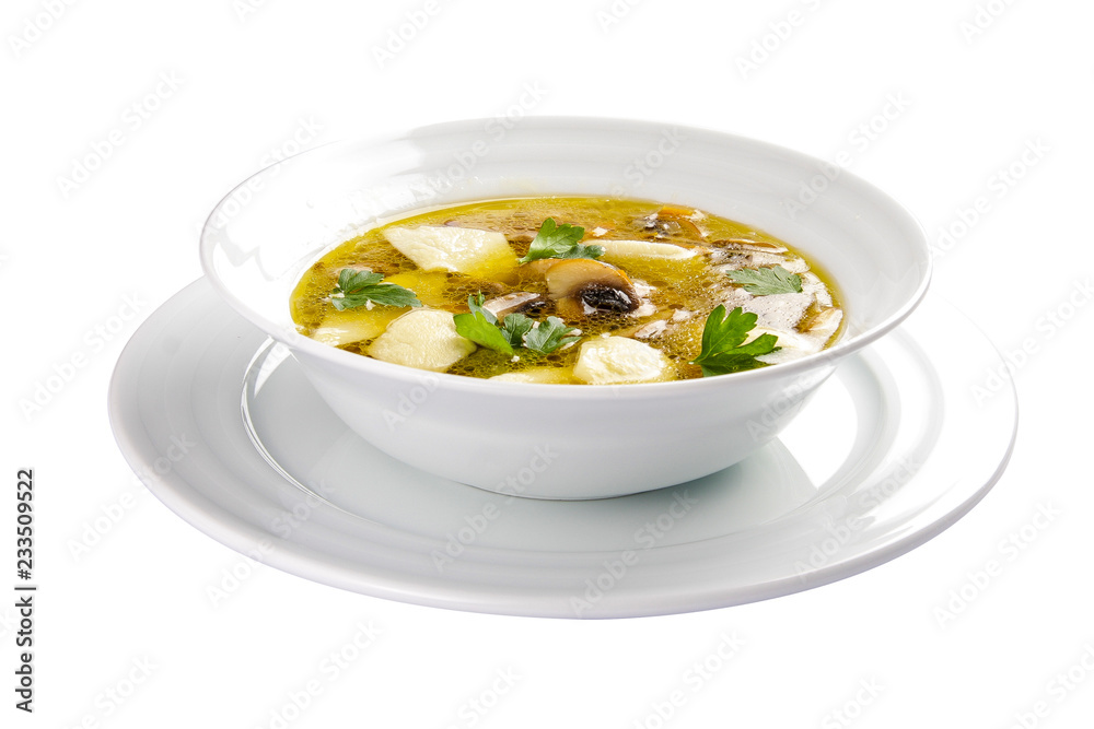 Mushroom soup with dumplings. A traditional Lithuanian dish. On a white background