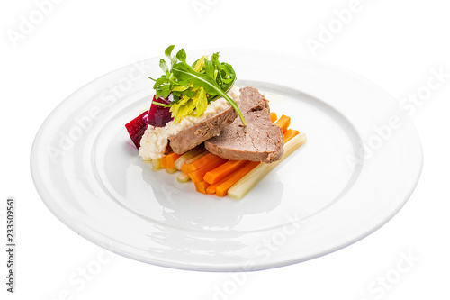 Photography Tafelspitz. A traditional Austrian dish. On a white background