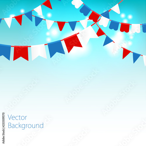 Vector illustration of Blue sky with colorful flags garlands.