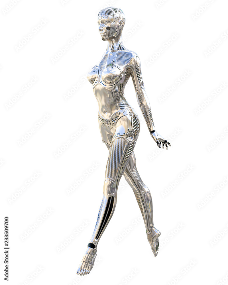 Dance robot woman. Metal shiny silver droid. Artificial Intelligence. Conceptual fashion art. Realistic 3D render illustration. Studio, isolate, high key. Dance robot woman. Metal shiny silver droid. Artificial Intelligence. Conceptual fashion art. Realistic 3D render illustration. Studio, isolate, high key.