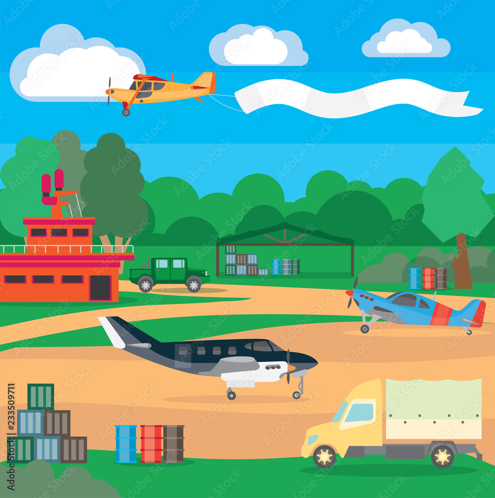 Vector illustration with countryside landscape and airport on nature. A vivid illustration with motor jets, hangars and vehicles.