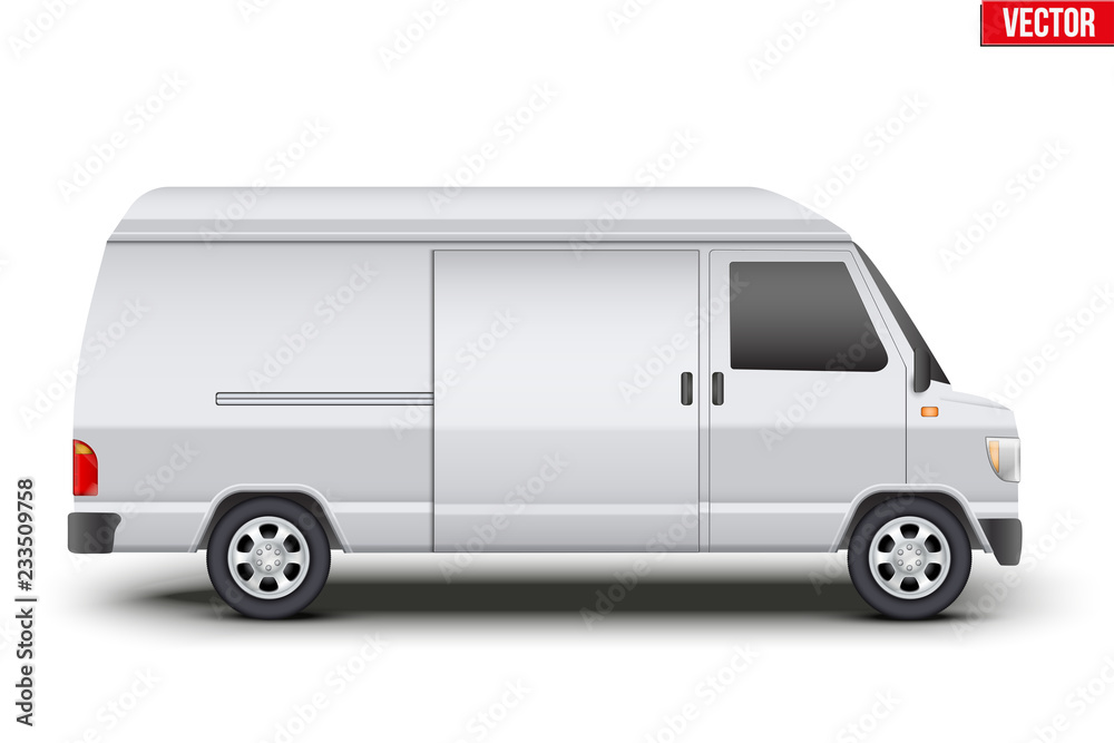 Original classic white minibus. Cargo and service van transportation. Editable Vector illustration Isolated on white background.