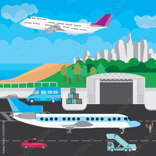 Vector illustration with cityscape and airport. A vivid illustration with airplane, sea, skyscrapers, hangars and transport.