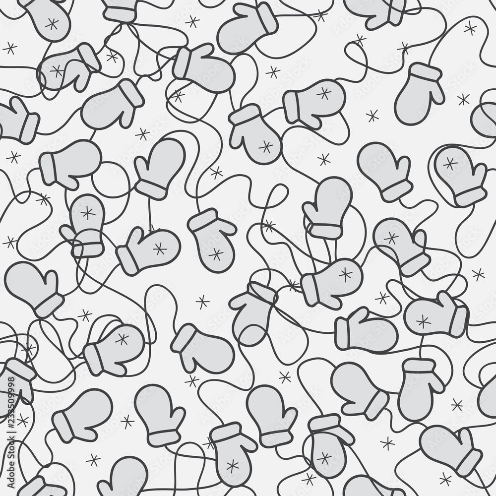 Children's mittens on a rope, confused. Vector  seamless pattern.
